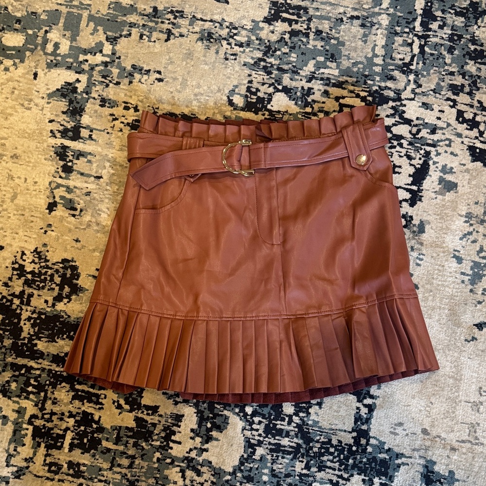 Zara Brown Pleated Leather Mini Skirt with Belt